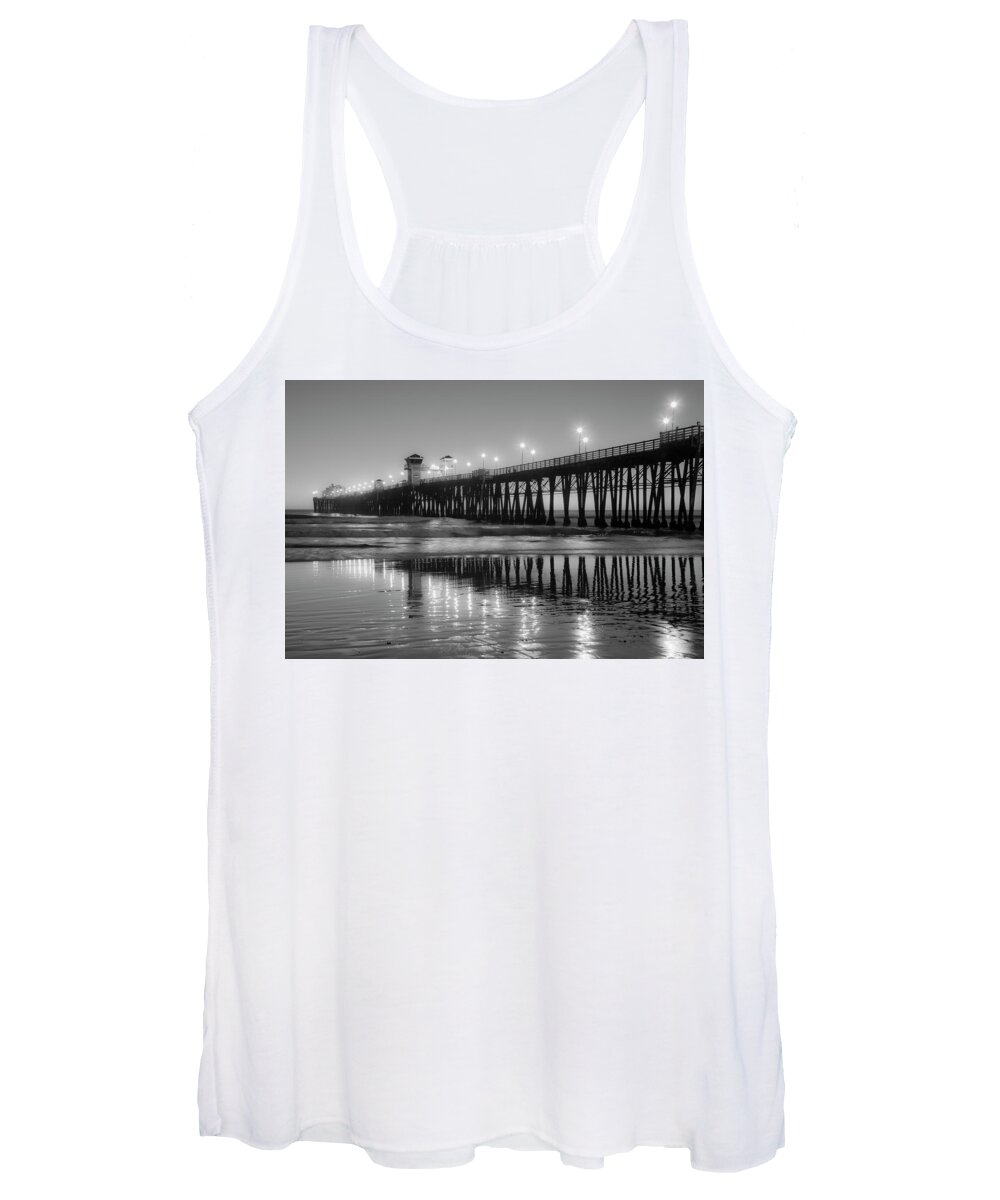 Oceanside Pier Women's Tank Top featuring the photograph Oceanside California Pier Night Lights Black and White by Catherine Walters