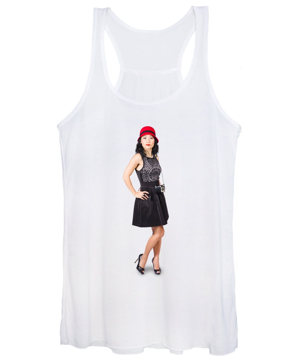 Tourist Women's Tank Top featuring the photograph Pin up lady with retro film camera by Jorgo Photography