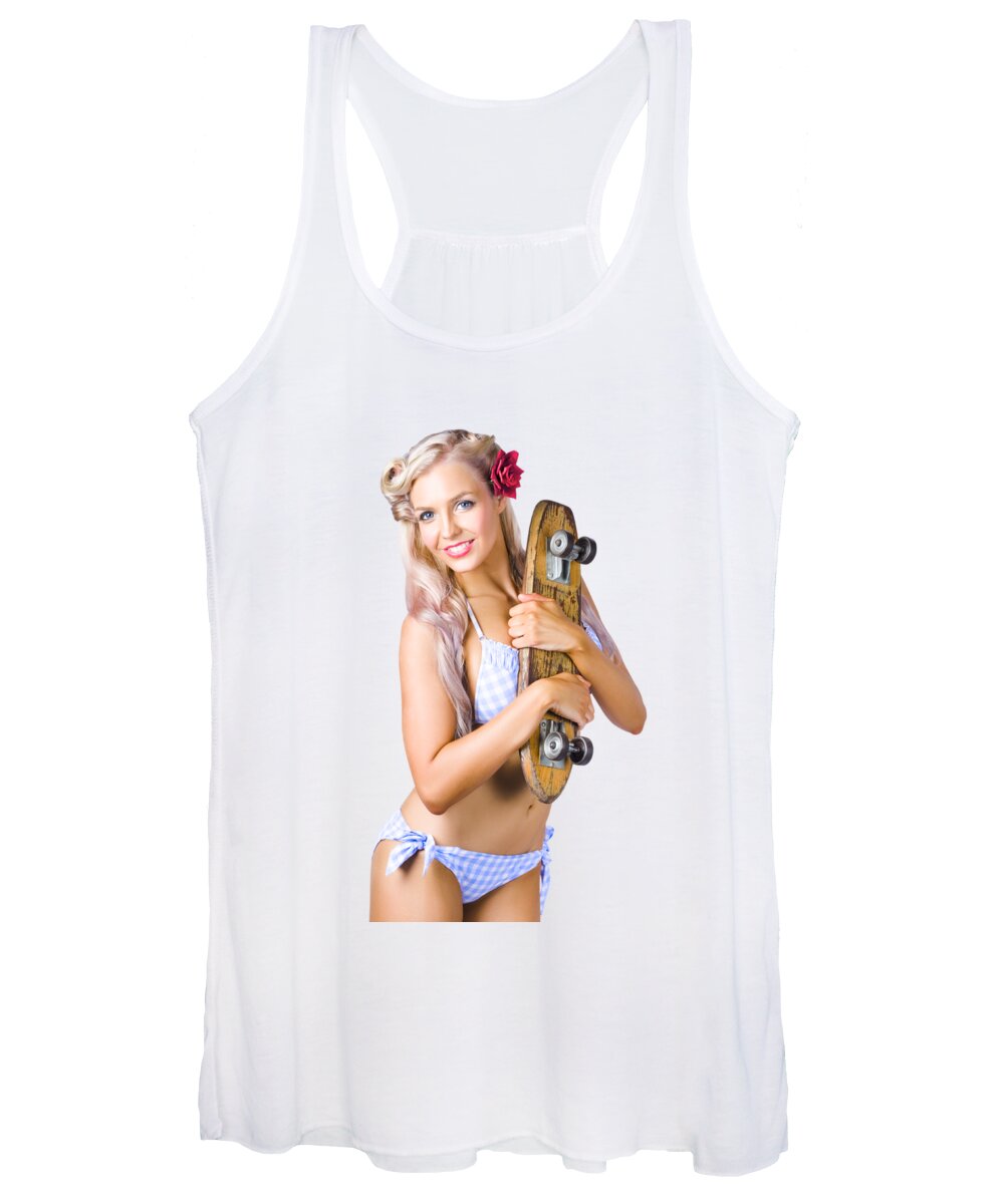 Skate Women's Tank Top featuring the photograph Pinup woman in bikini holding skateboard by Jorgo Photography