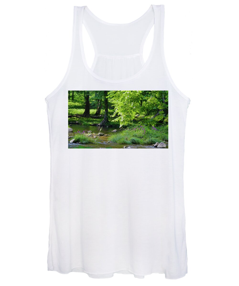 Mountain Stream Women's Tank Top featuring the photograph Purple Promise Flowers in a Mountain Stream by T Lynn Dodsworth