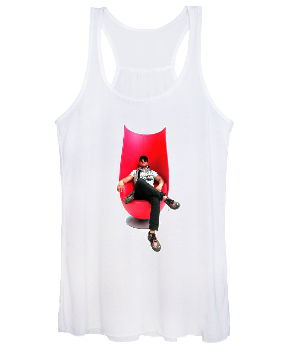 Artist Chair Red Glasses Cool La Hollywood Beverly Hills Man Guy Dude Male Masculine Art Scarf Simple Simplistic Minimal Famous Actor Star Women's Tank Top featuring the digital art Sergio in Beverly Hills by Jamie Looney