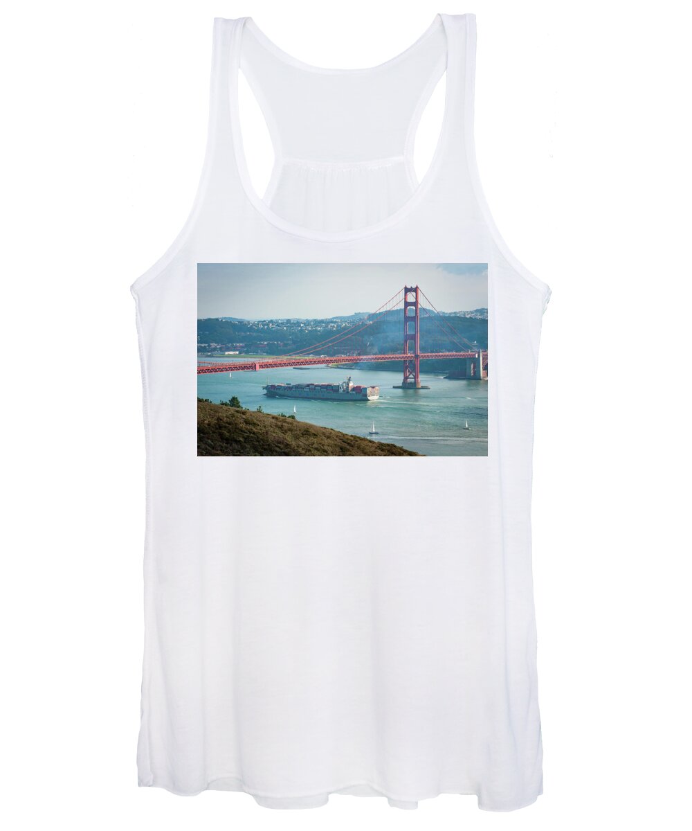 Golden Gate Women's Tank Top featuring the photograph Ship Under the Golden Gate Bridge by Mark Duehmig
