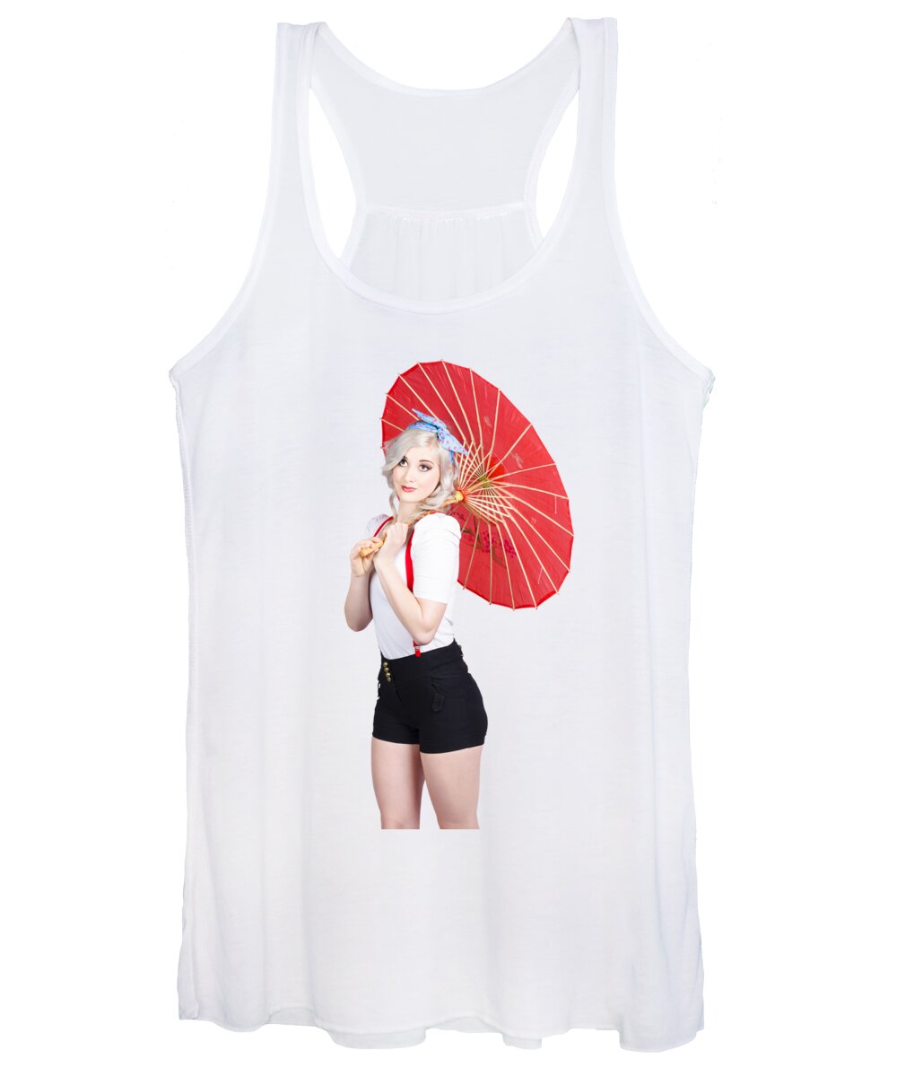 Vintage Women's Tank Top featuring the photograph Smiling retro woman holding a red umbrella by Jorgo Photography