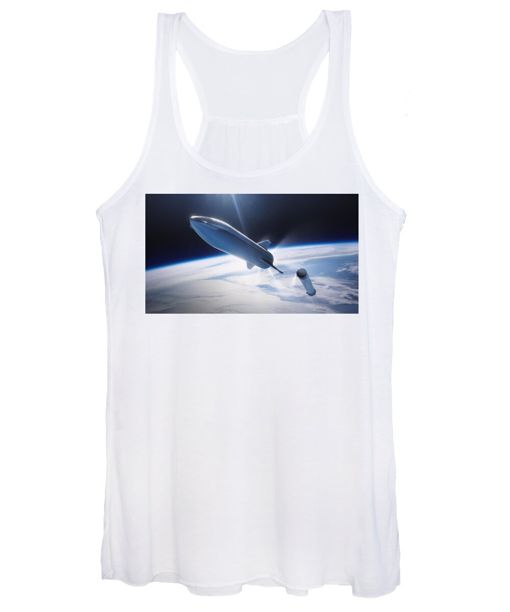 Dont Panic Women's Tank Top featuring the digital art SpaceX BFR Leaving Earth by Filip Schpindel