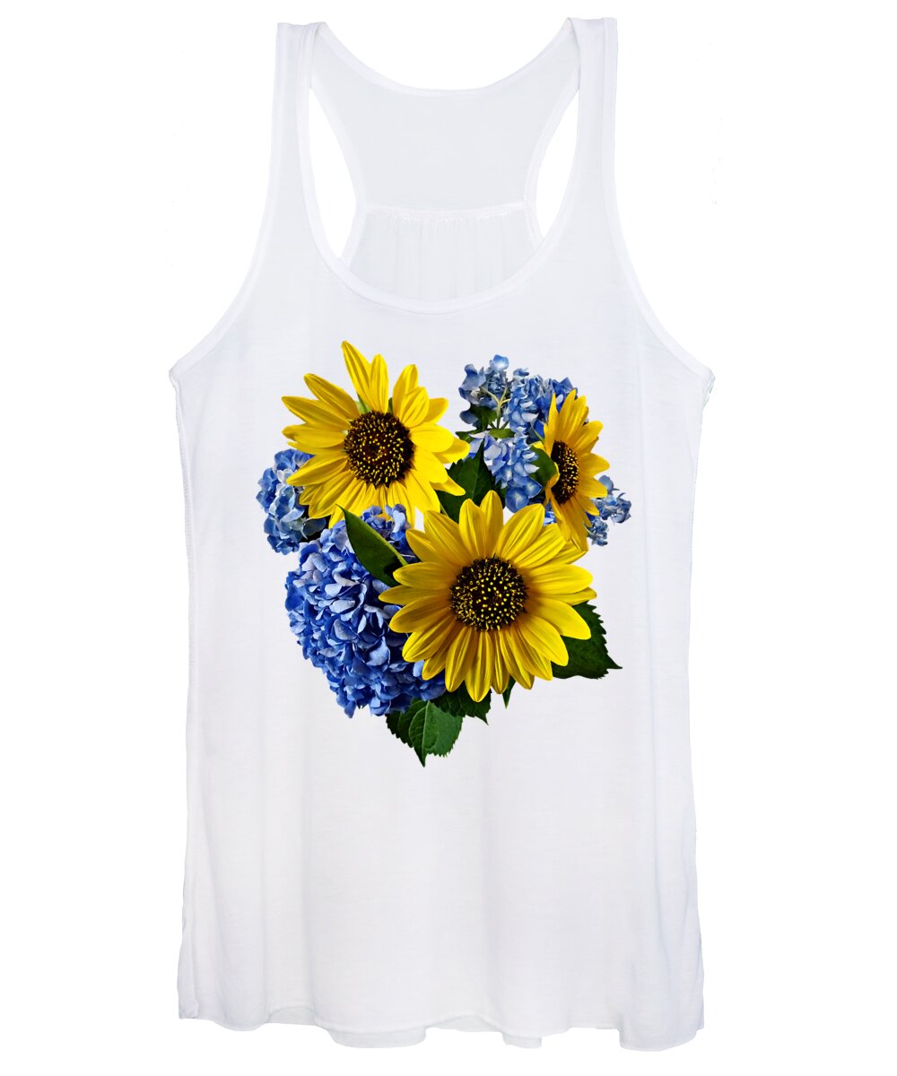 Sunflowers Women's Tank Top featuring the photograph Sunflowers and Hydrangeas by Susan Savad
