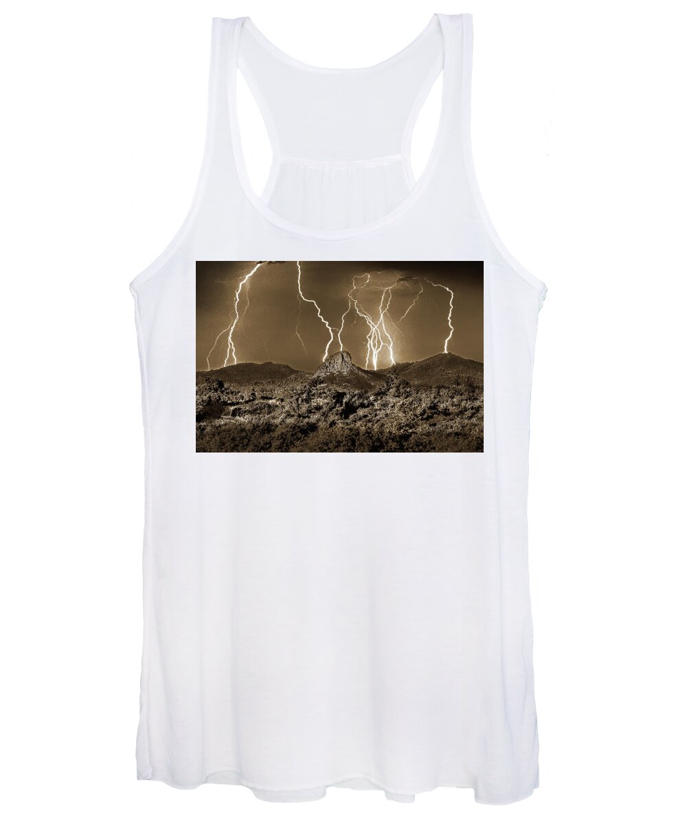 Monsoon Women's Tank Top featuring the photograph Thumb Butte, Electrical Storm, Sepia, Prescott, Arizona by Don Schimmel