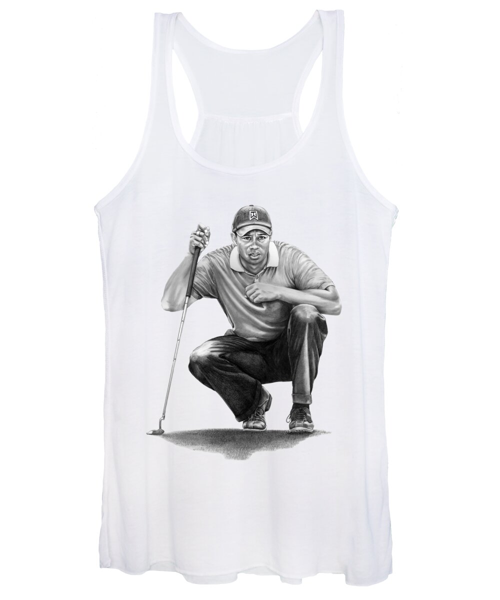 Pencil Women's Tank Top featuring the drawing Tiger Woods Crouching Tiger by Murphy Elliott