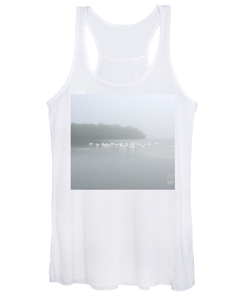 Nature Women's Tank Top featuring the photograph White Pelicans on a Foggy Morning by Mariarosa Rockefeller