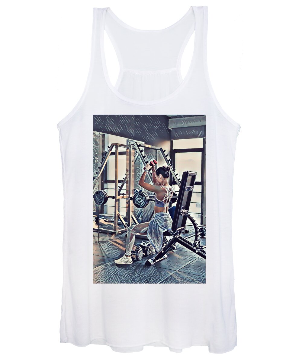 Woman Exercise Workout In Gym Fitness Women's Tank Top featuring the painting Woman exercise workout in gym fitness by Jeelan Clark