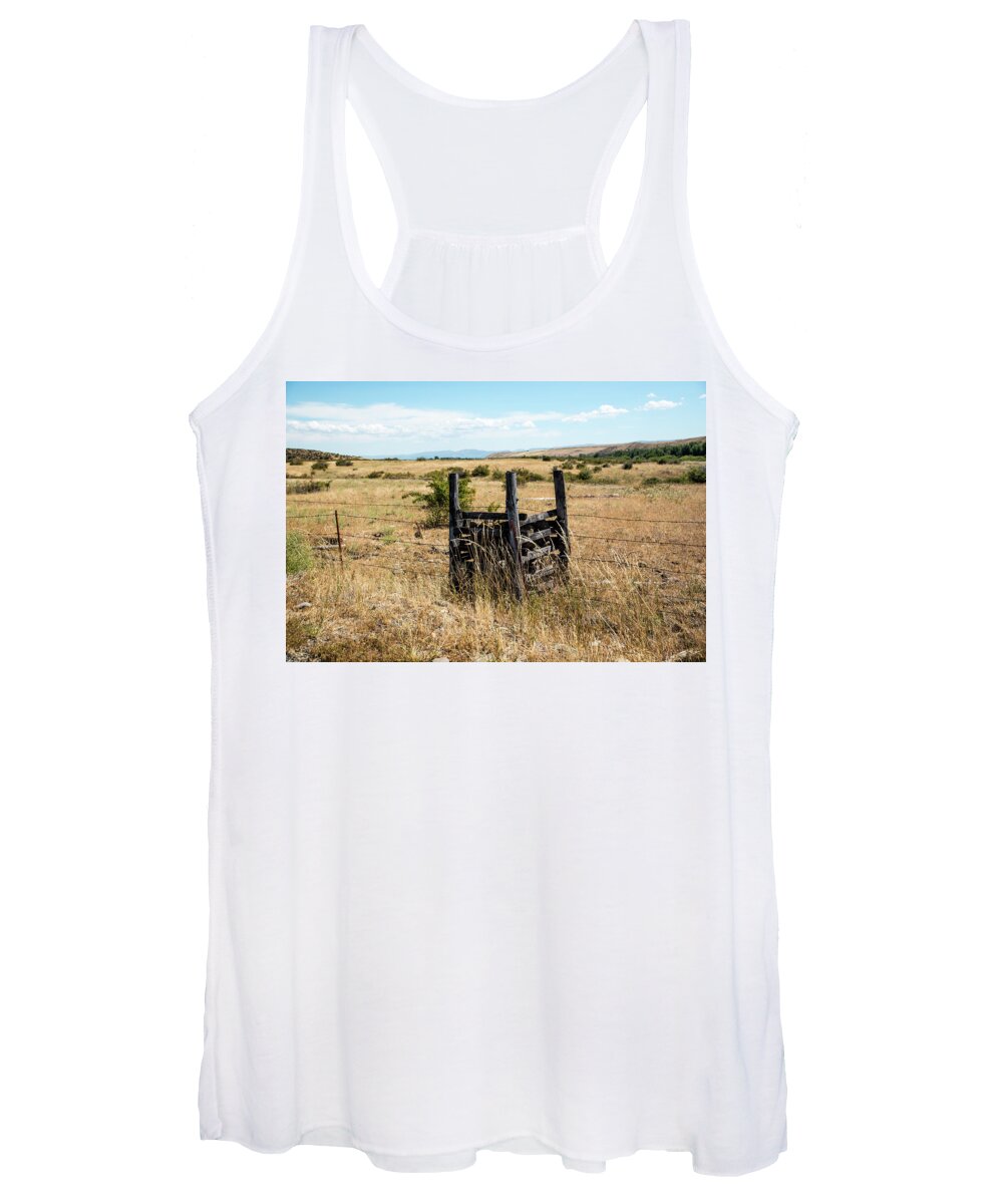 Yellow Grass And Fence Anchor Women's Tank Top featuring the photograph Yellow Grass and Fence Anchor by Tom Cochran