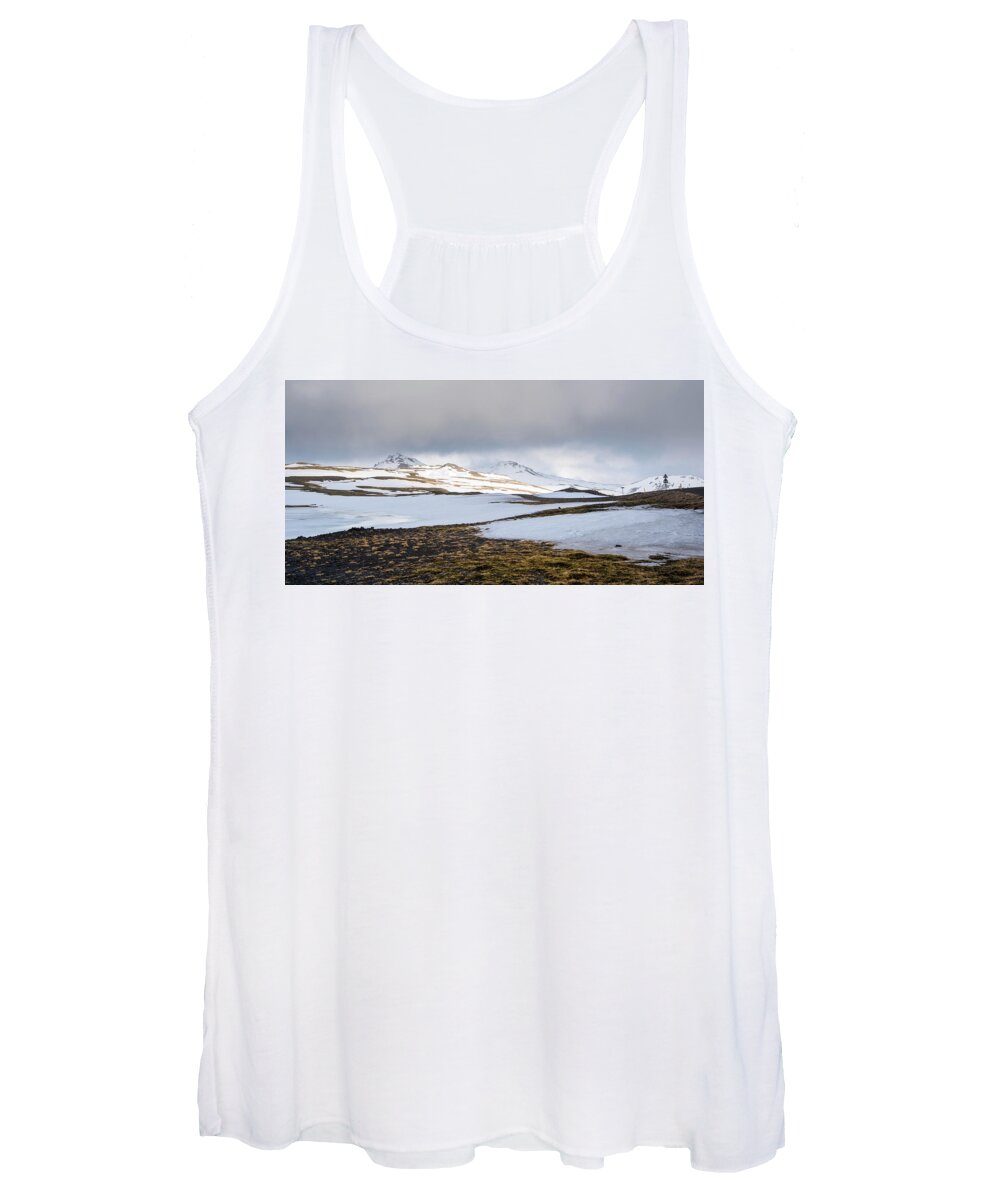 Iceland Women's Tank Top featuring the photograph Icelandic landscape with mountains and meadow land covered in snow. Iceland by Michalakis Ppalis