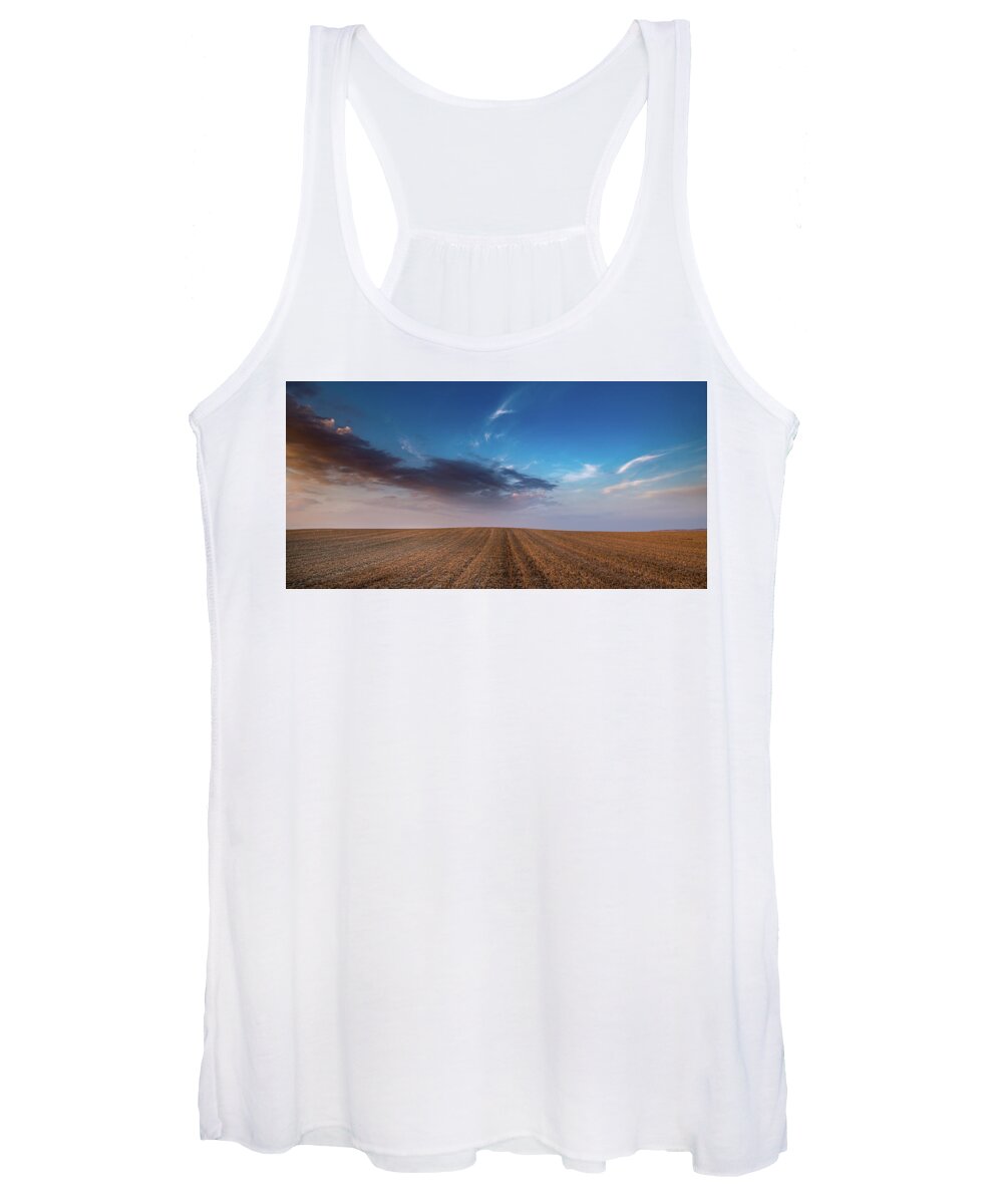 Nightfall Women's Tank Top featuring the photograph Agricultural meadow field and cloudy sky during sunset. by Michalakis Ppalis