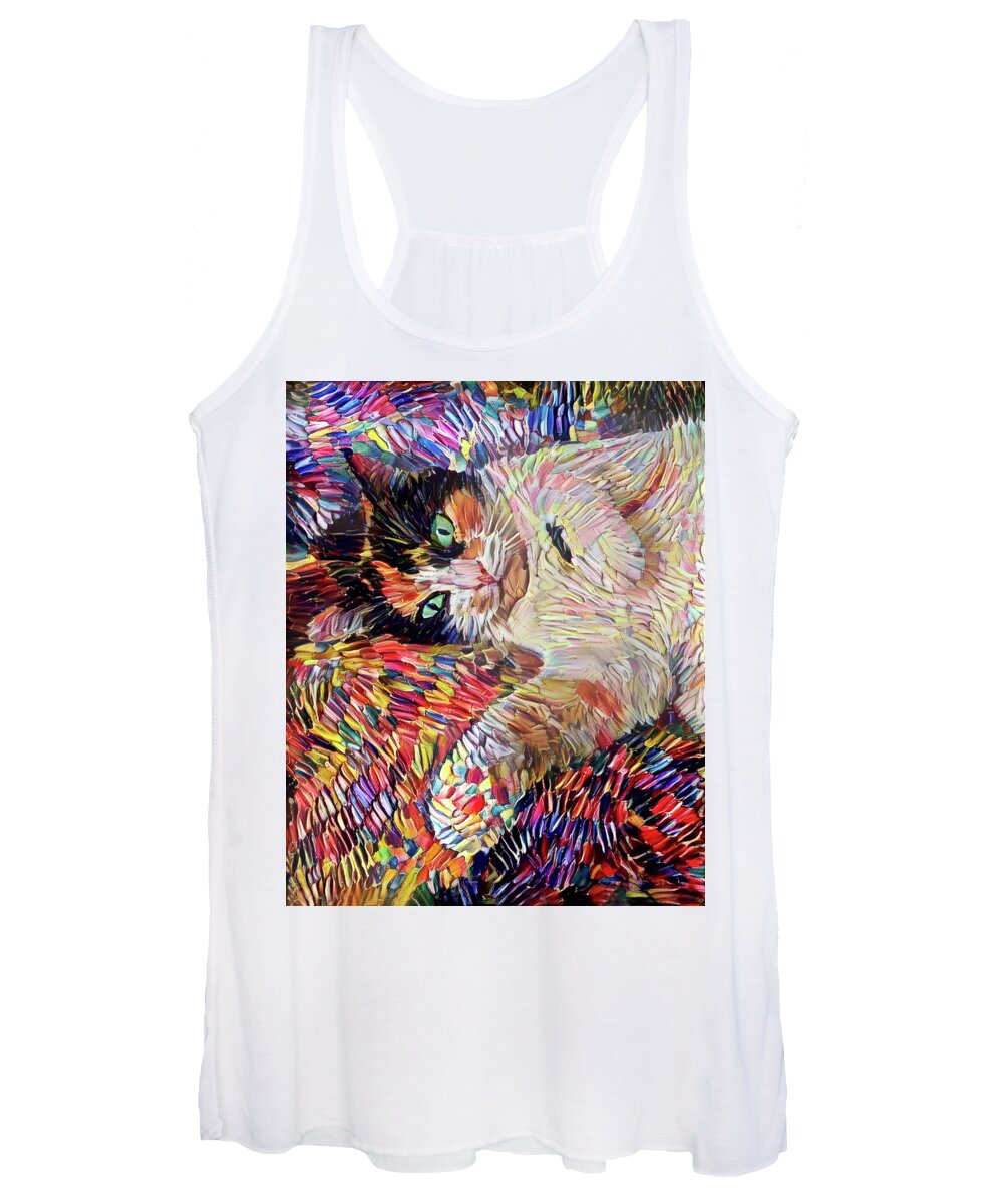 Cat Women's Tank Top featuring the digital art A Colorful Calico Cat Named Shadow by Peggy Collins