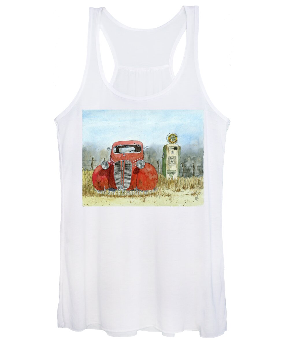 Classic Car Women's Tank Top featuring the painting Abandoned 1937 Dodge and Gas Pump by David King Studio
