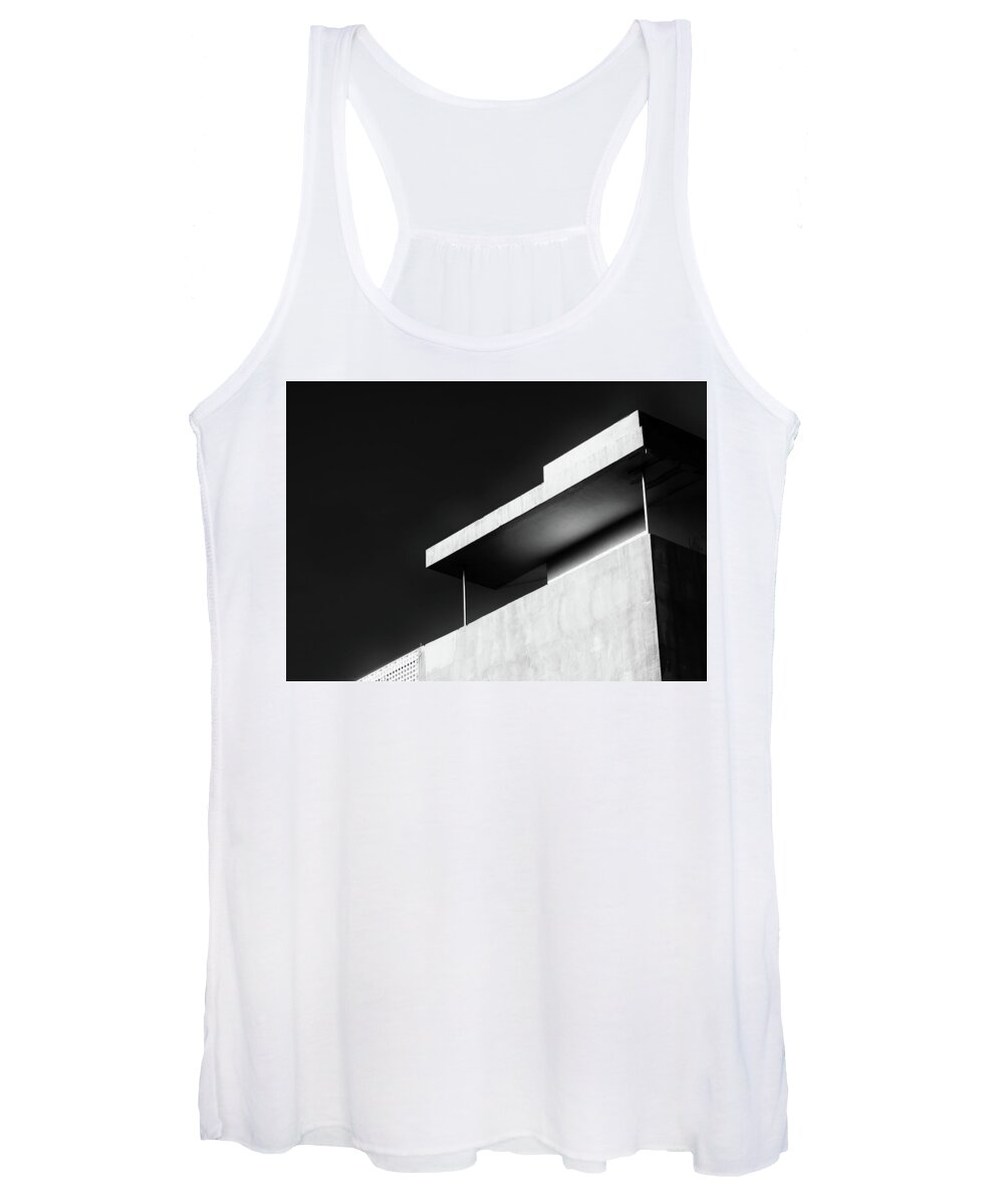 Black And White Women's Tank Top featuring the photograph Abstract architecture design. Black and white futuristic exterior background. Black sky copy-space by Michalakis Ppalis