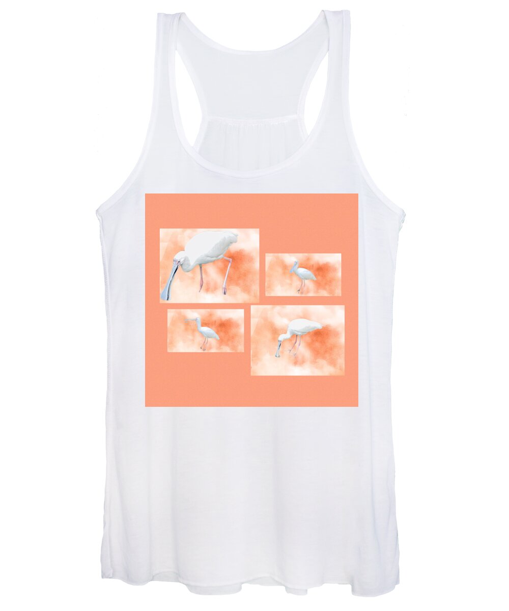 Spoonbill Bird Collage White Orange Black Feet Eyes Women's Tank Top featuring the digital art African Spoonbill by Kathleen Boyles