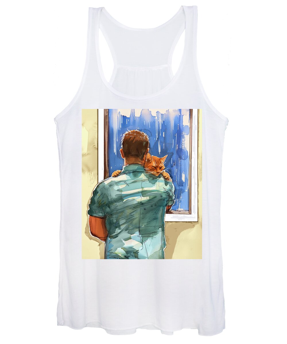 Ginger Cat Women's Tank Top featuring the digital art Sheltered Bliss - Man with Happy Cat by Mark Tisdale