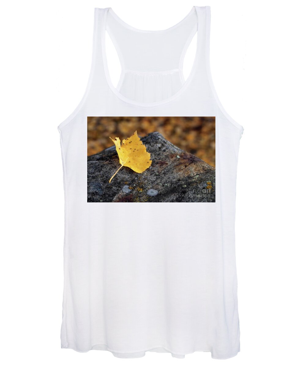 Yellow Women's Tank Top featuring the photograph Aspen Leaf on Rock by Kimberly Blom-Roemer