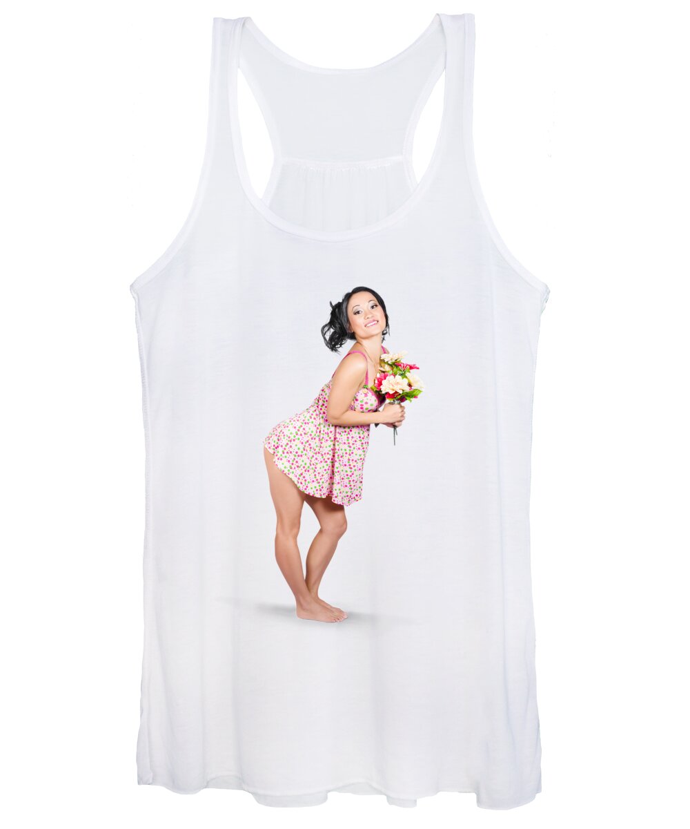 Girl Women's Tank Top featuring the photograph Attractive asian woman holding a flower bunch by Jorgo Photography