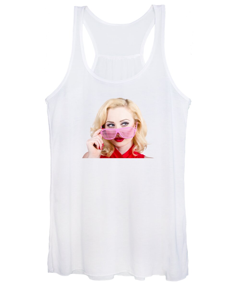 Retro Women's Tank Top featuring the photograph Blond pinup girl in stylish retro pink shades by Jorgo Photography