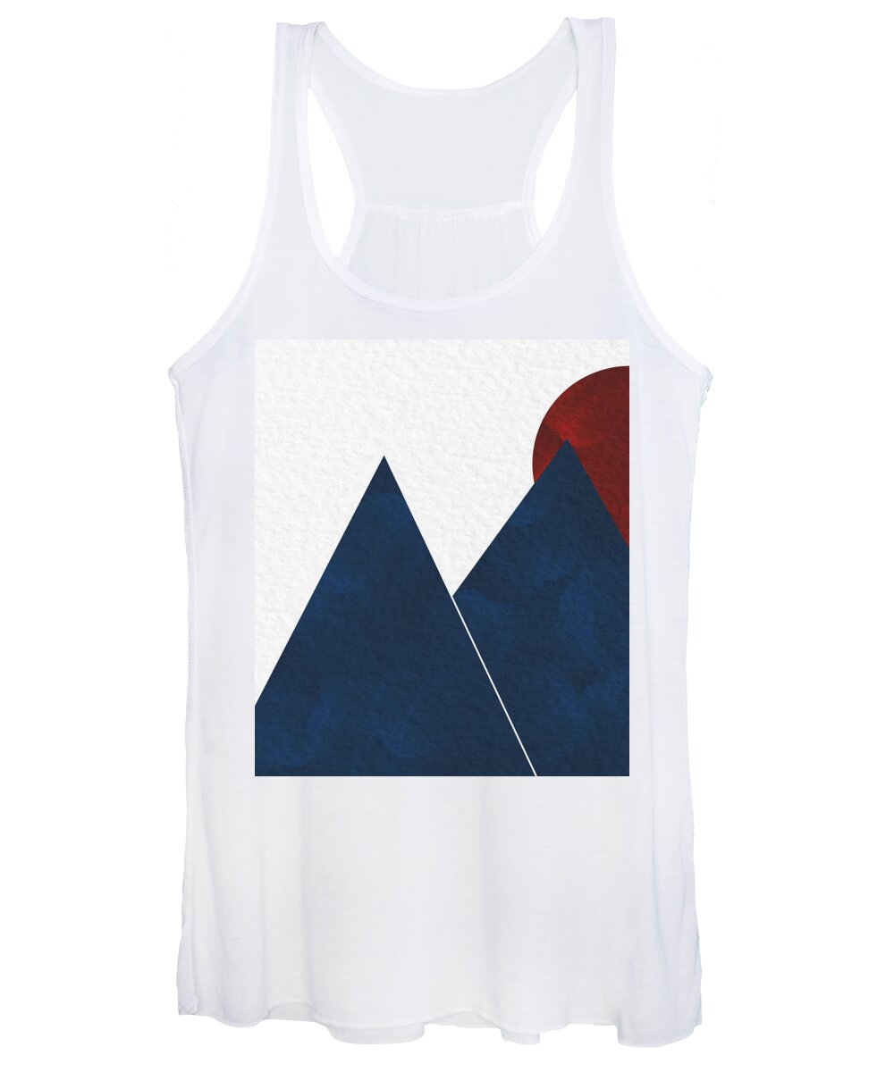 Wall Art Women's Tank Top featuring the painting Blue Indigo Mountains with the Red Moon by Sannel Larson