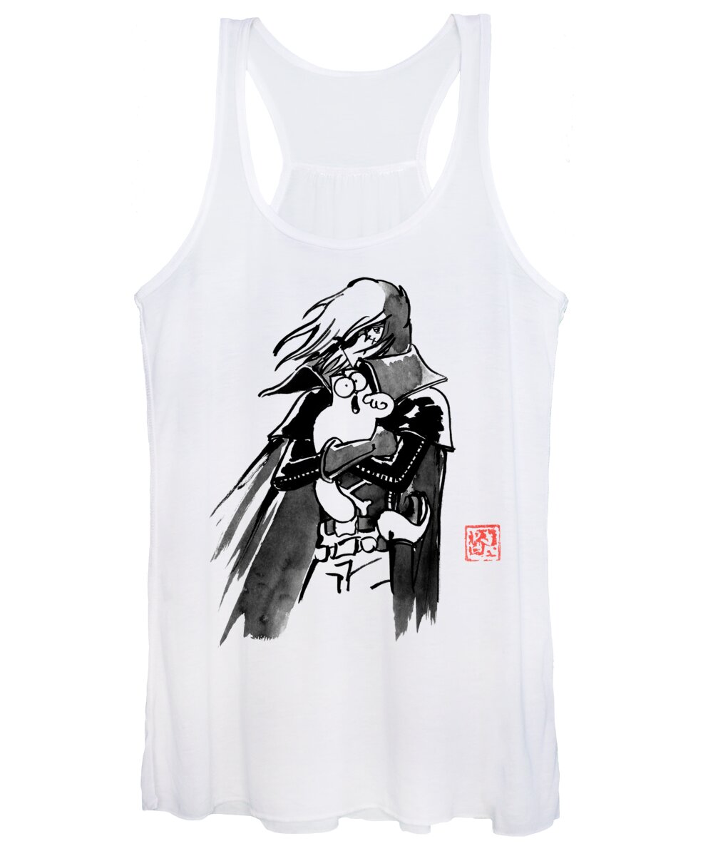 Street Art Women's Tank Top featuring the drawing Captain Harlock And His Cat by Pechane Sumie
