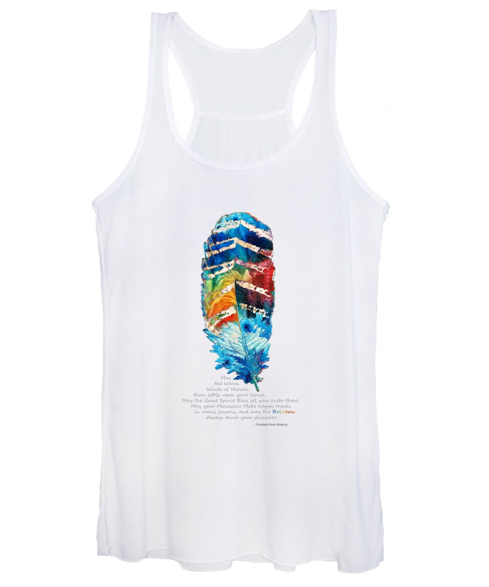 Feather Women's Tank Top featuring the painting Colorful Feather Art - Cherokee Blessing - By Sharon Cummings by Sharon Cummings