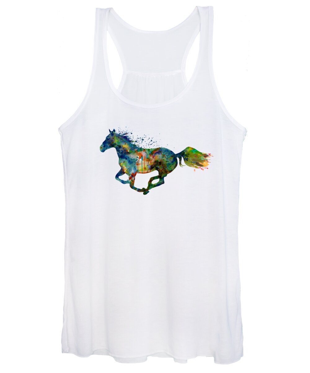 Marian Voicu Women's Tank Top featuring the painting Watercolor Painting - Colorful Running Horse Silhouette by Marian Voicu