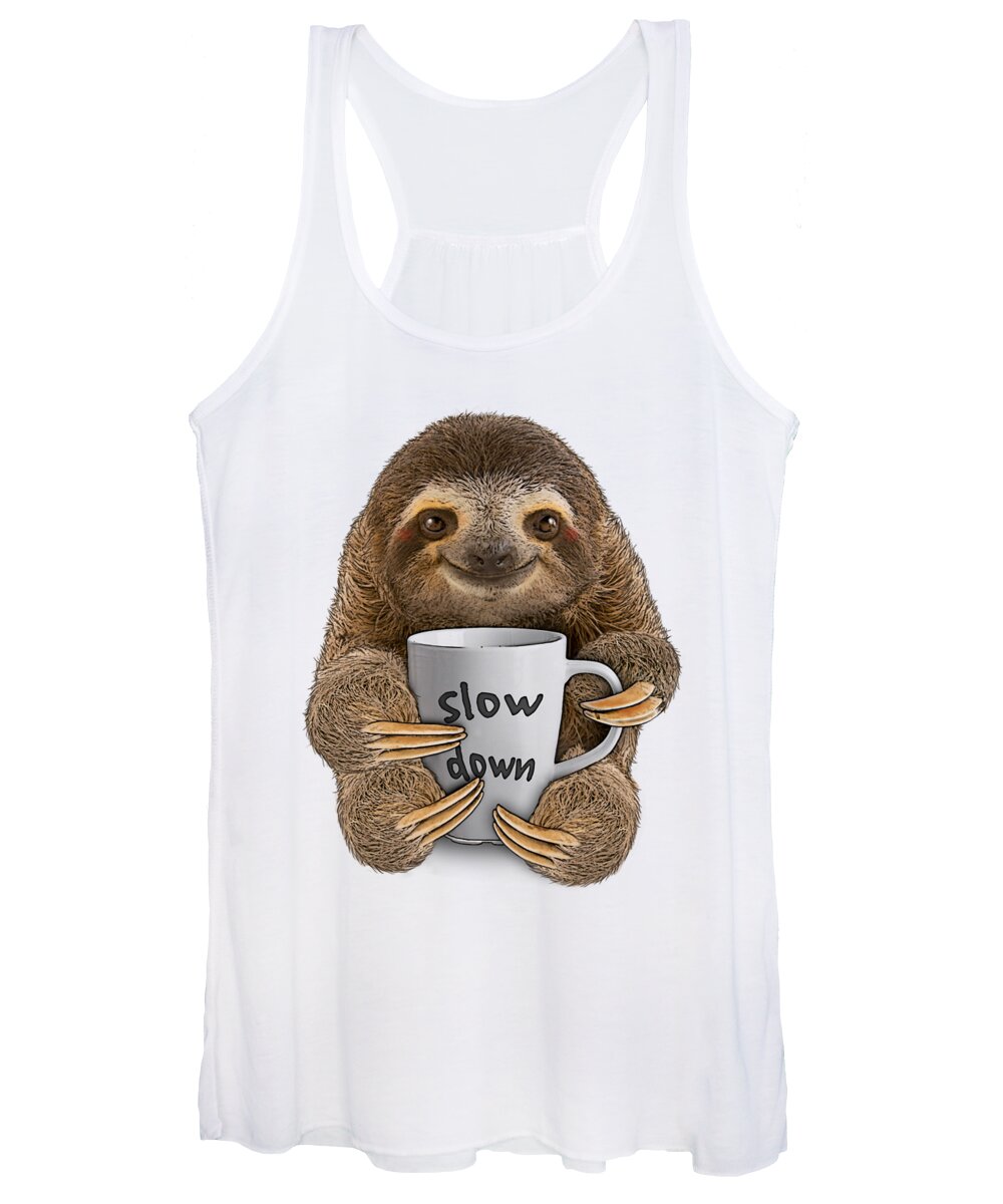 Sloth Women's Tank Top featuring the digital art Cute Sloth With Slow Down Mug by Madame Memento