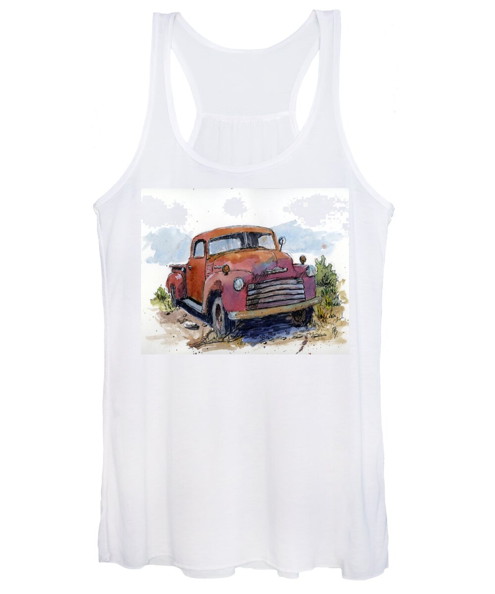 Truck Women's Tank Top featuring the mixed media Abandoned Red 1950 Chevy Pickup by David King Studio