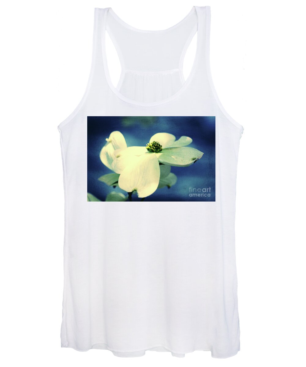 Dogwood; Dogwood Blossom; Dogwood Blossoms; Blossom; Blossoms; Tree; Dogwood Tree; Raindrops; Flower; Indigo; Blue; White; White Flower; White Blossom; Cross Process; Women's Tank Top featuring the photograph Dogwood Blues by Tina Uihlein