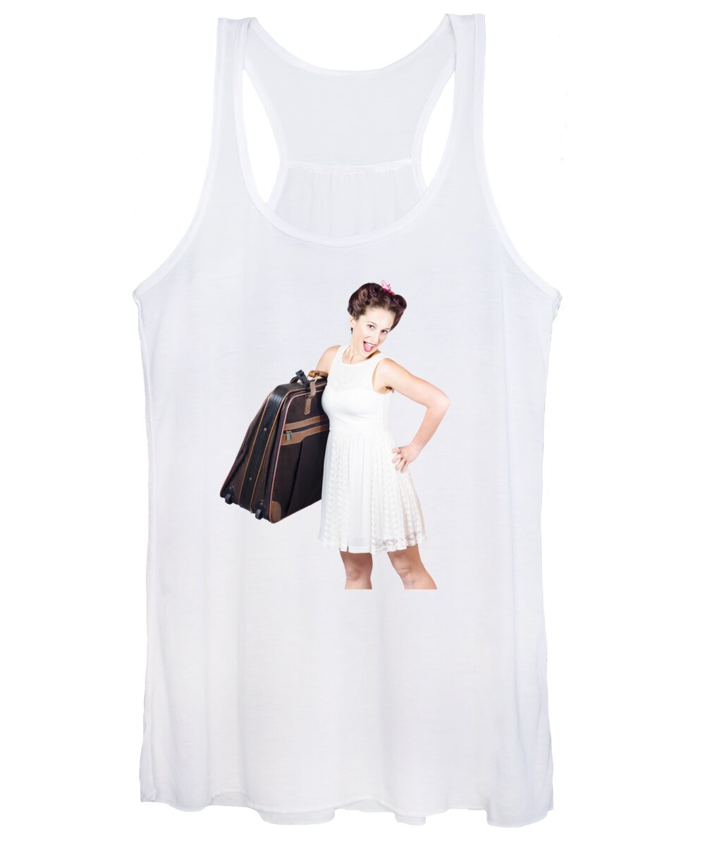 Vacation Women's Tank Top featuring the photograph Excited retro backpacking girl holding baggage by Jorgo Photography