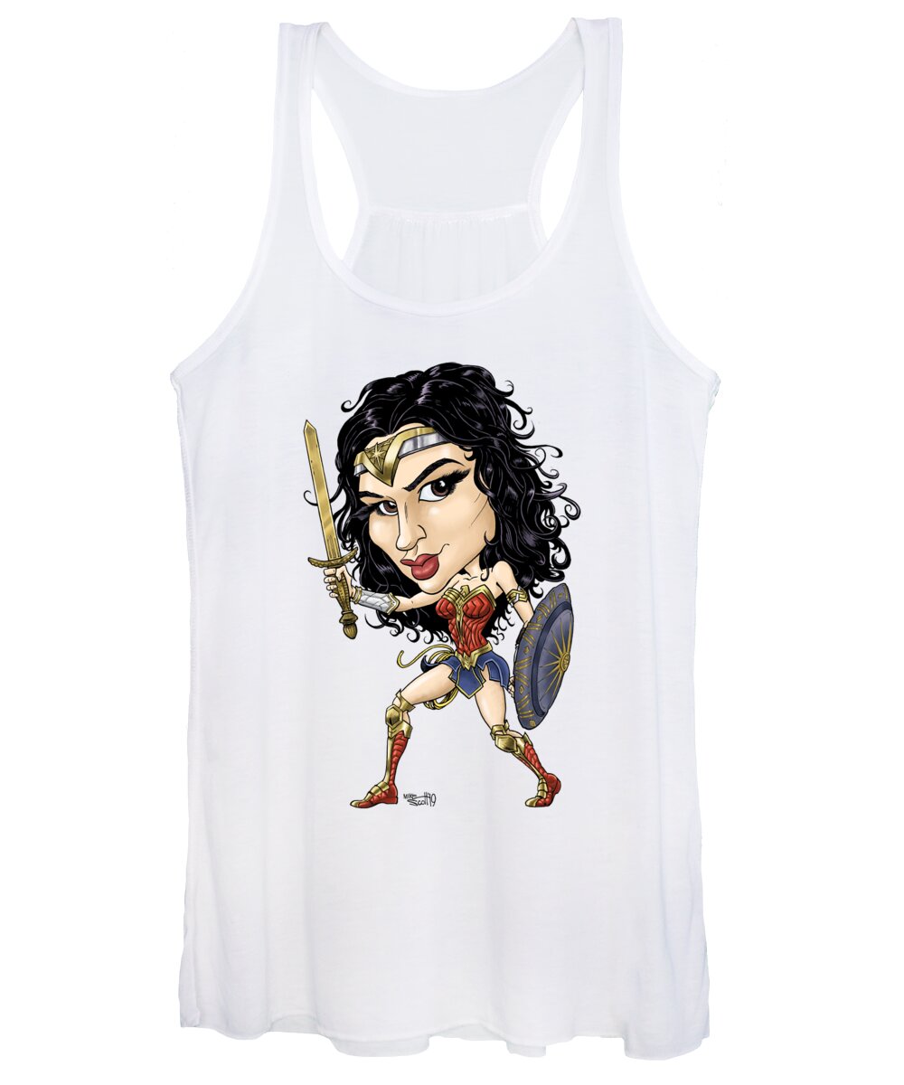 Cartoon Women's Tank Top featuring the drawing Gal Gadot in color by Mike Scott