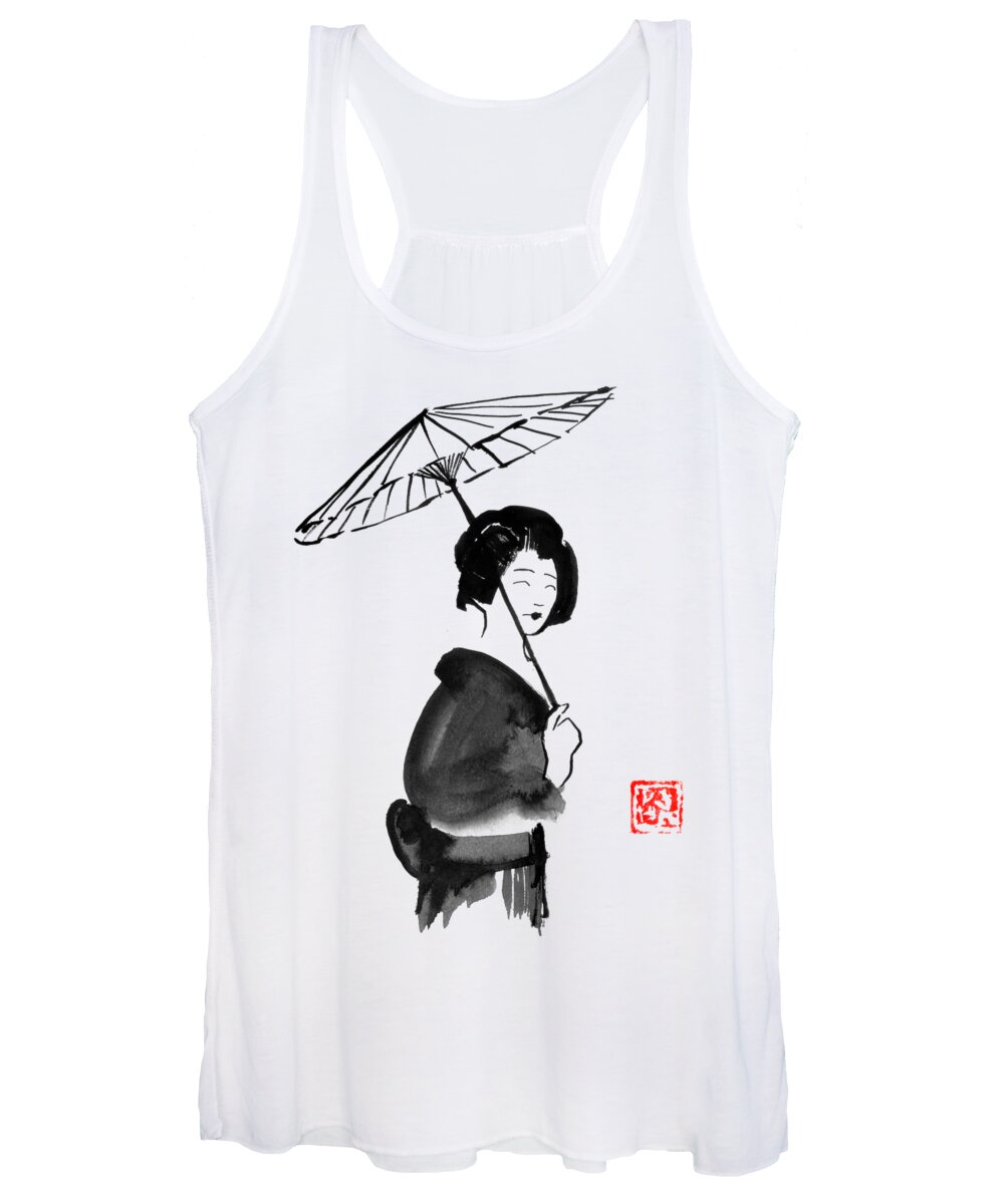 Geisha Women's Tank Top featuring the drawing Geisha With Umbrella by Pechane Sumie