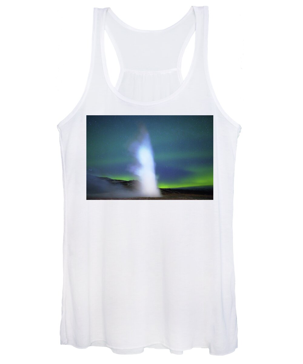 Iceland Women's Tank Top featuring the photograph Geyser and aurora by Christopher Mathews