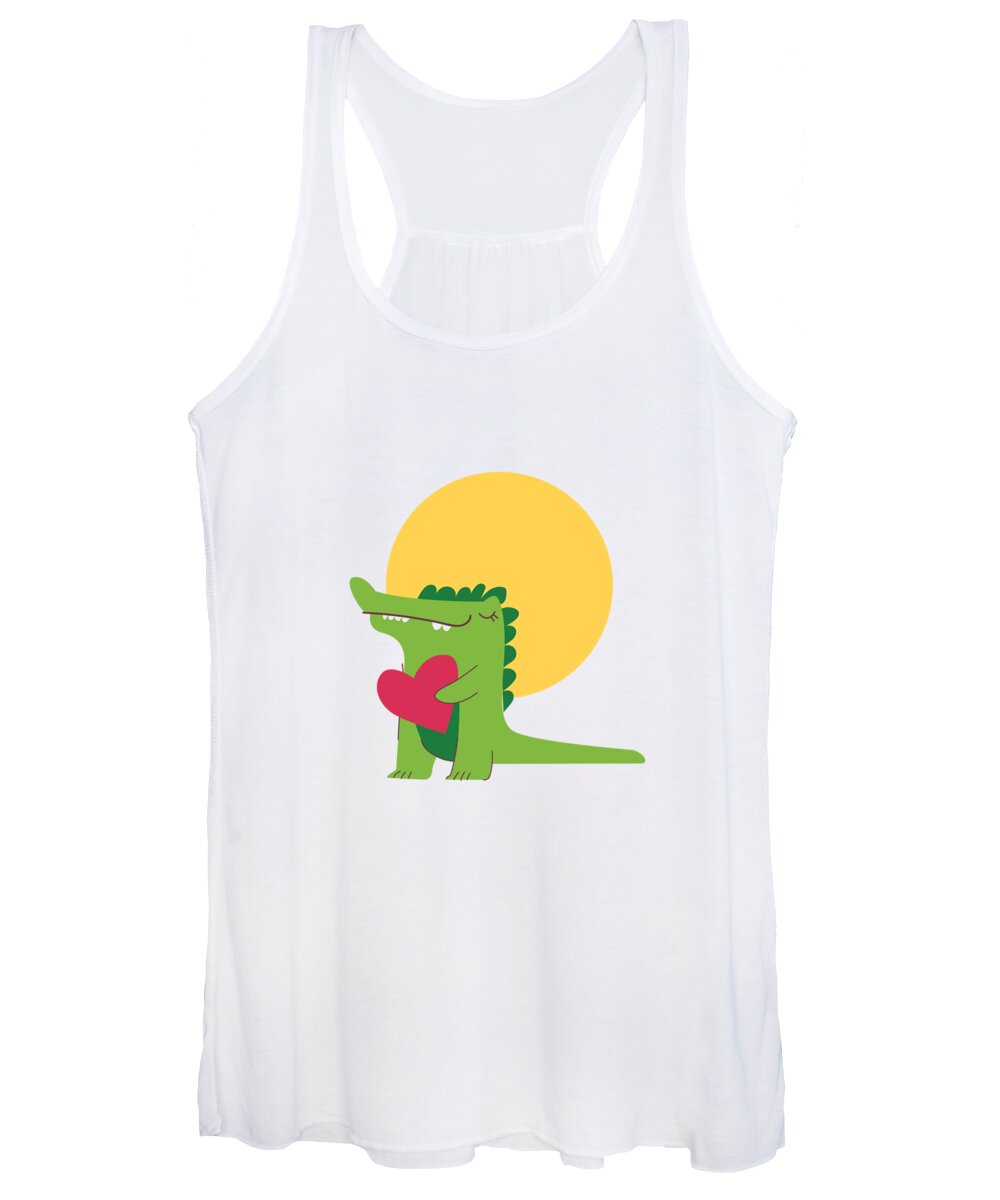 Adorable Women's Tank Top featuring the digital art Happy Crocodile Holding a Big Heart by Jacob Zelazny