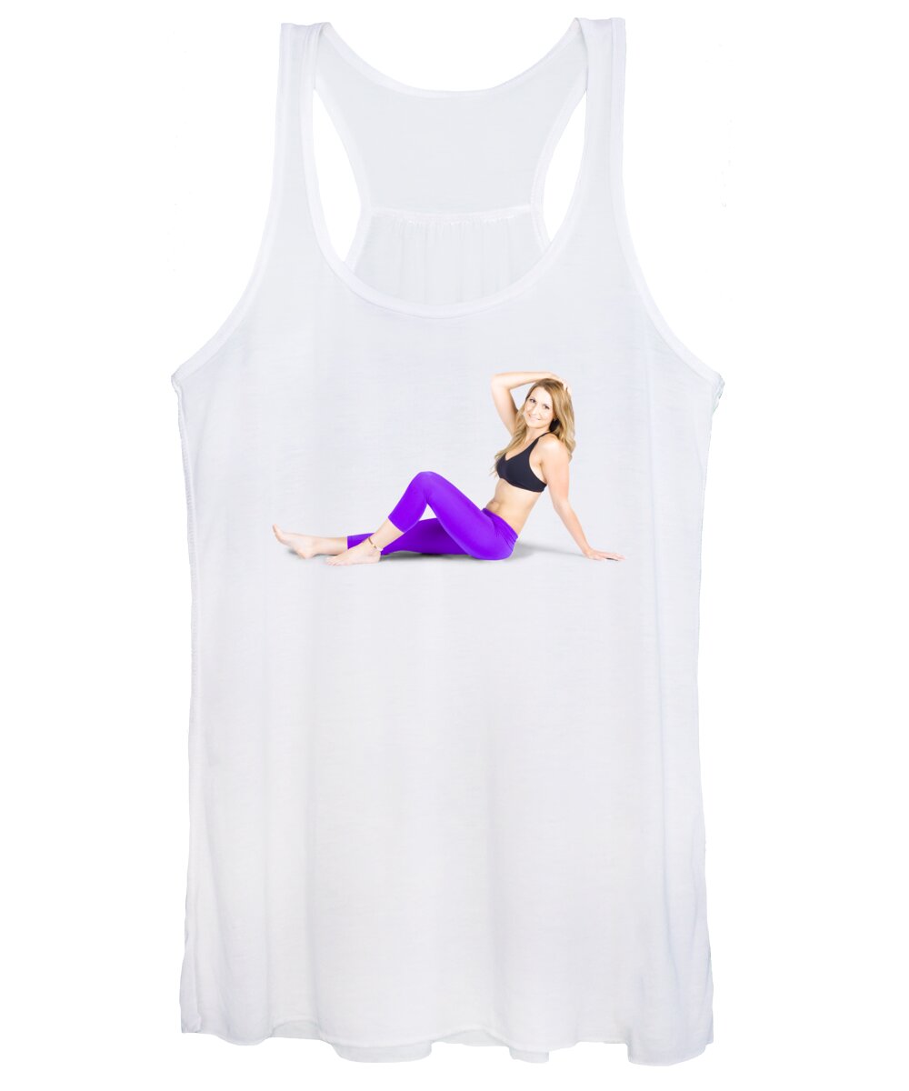 Aerobics Women's Tank Top featuring the photograph Happy Smiling Woman Exercising On White Background by Jorgo Photography