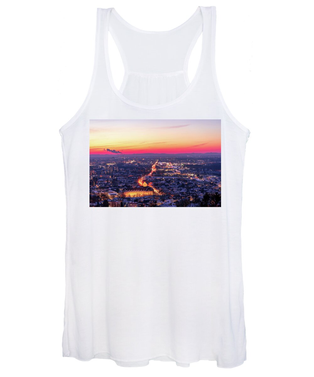 Karlsruhe Women's Tank Top featuring the photograph Karlsruhe in winter at sunset by Hannes Roeckel