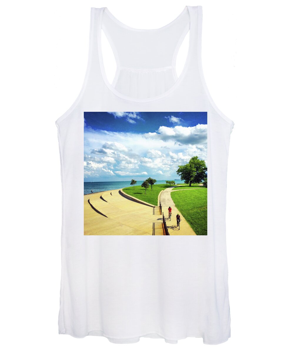 Landscape Women's Tank Top featuring the photograph Lake Shore Clouds Bike Path Chicago by Patrick Malon