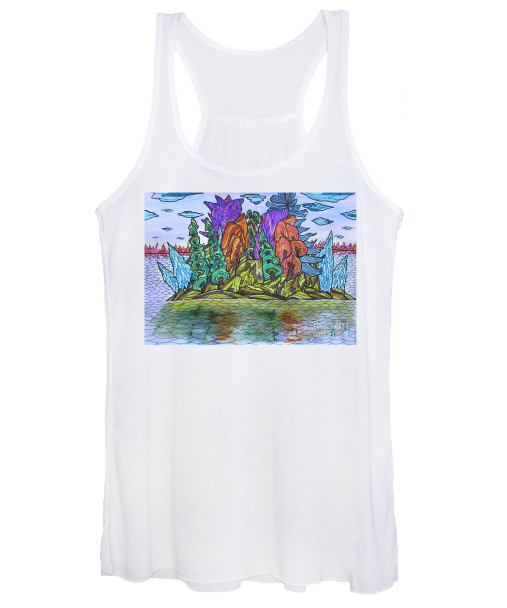 Lauren Harris Group Of 7 Island Landscape Northern Ontario Mask Lobby Abstract Office Unique Trees Tree Women's Tank Top featuring the painting Lauren's Island by Bradley Boug