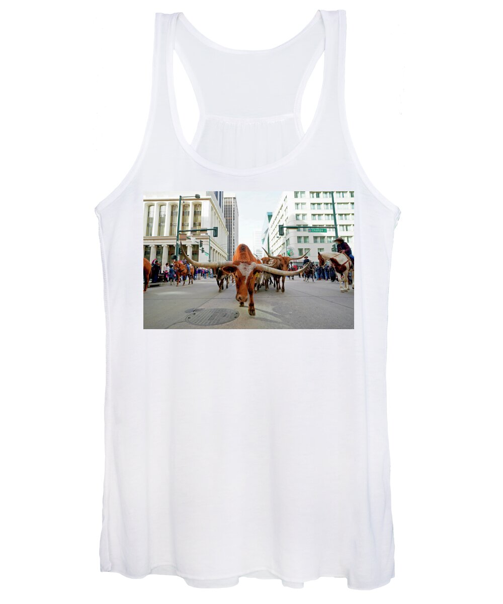 Human Interest Women's Tank Top featuring the photograph Longhorn Steer in downtown Denver by Rick Wilking