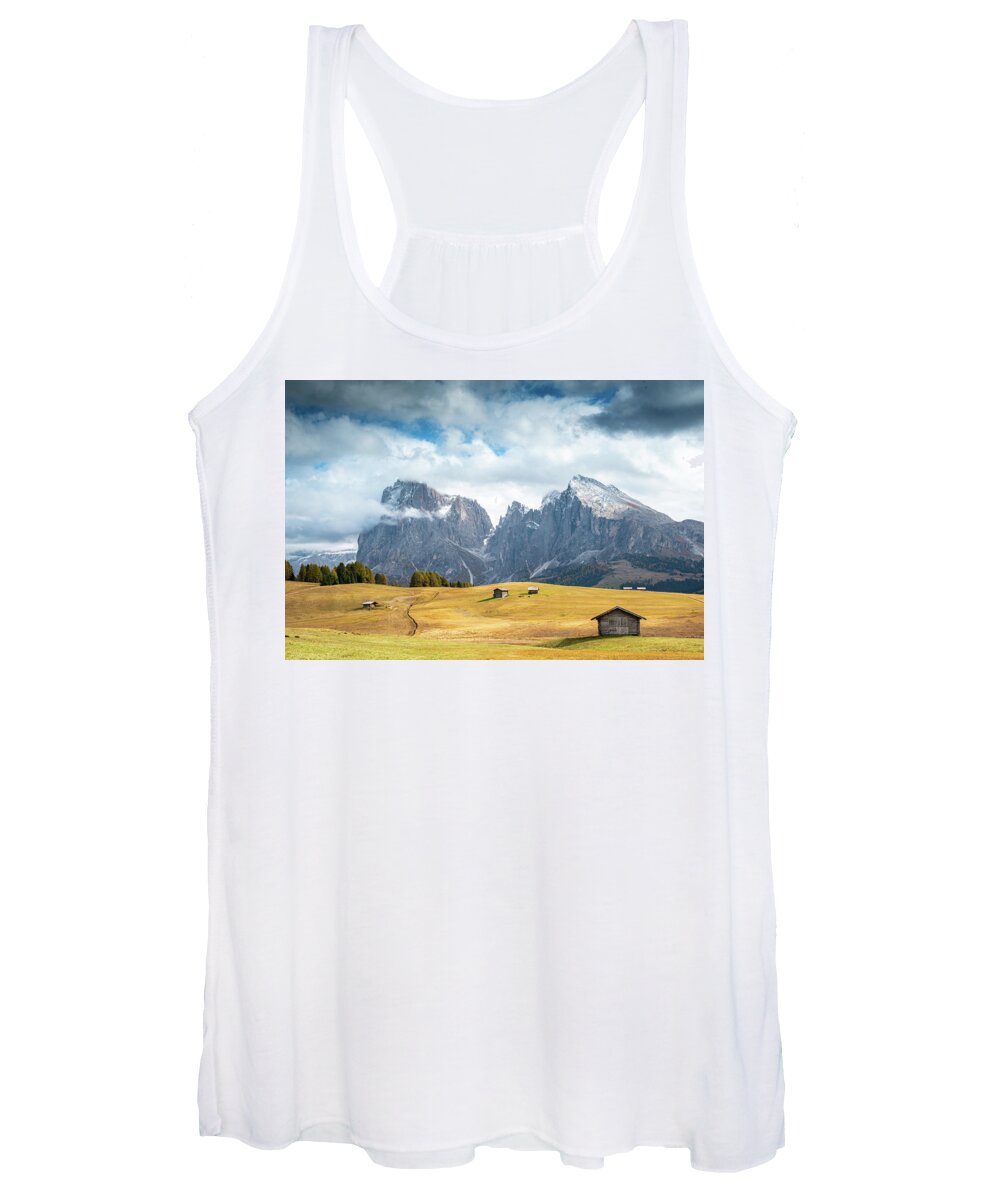 Mountain Landscape Women's Tank Top featuring the photograph Meadow field and the Dolomiti rocky peaks Alpe di siusi Seiser Alm Italy by Michalakis Ppalis