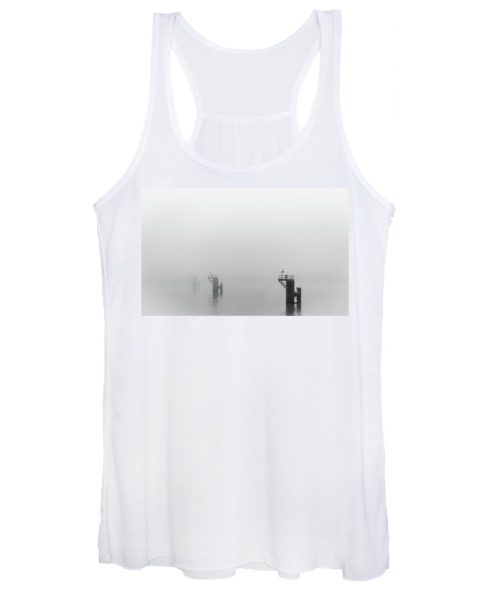 Mooring Women's Tank Top featuring the photograph Mooring Dolphins in the Fog by Gavin Lewis