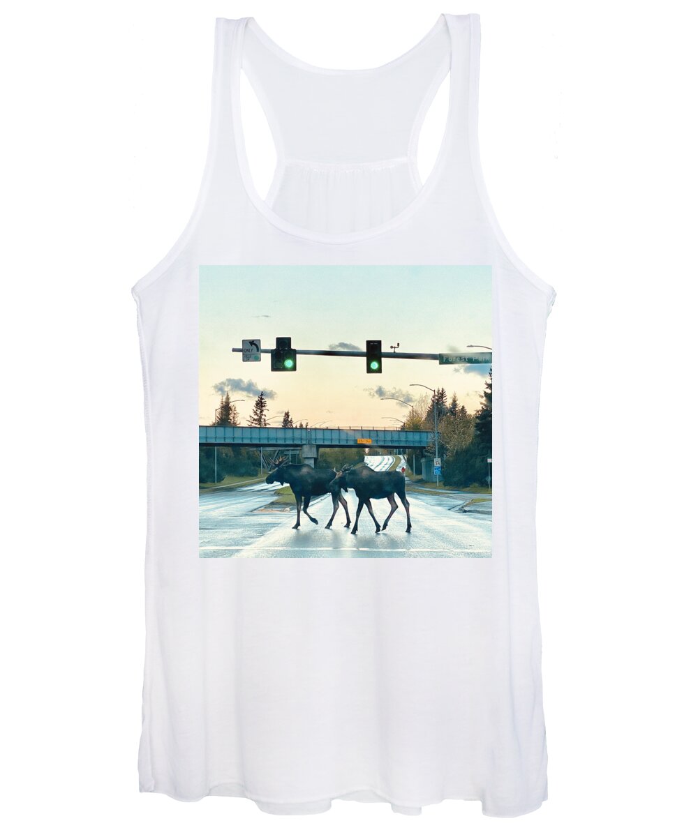 Usa Women's Tank Top featuring the photograph Moose crossing by Annekathrin Hansen