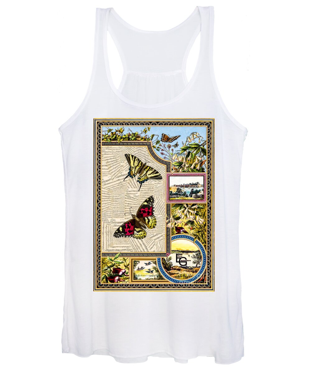 Musical Score Women's Tank Top featuring the mixed media Musical score in a frame of flowers, lilies, bells with butterflies, insects, grasshopper by Elena Gantchikova