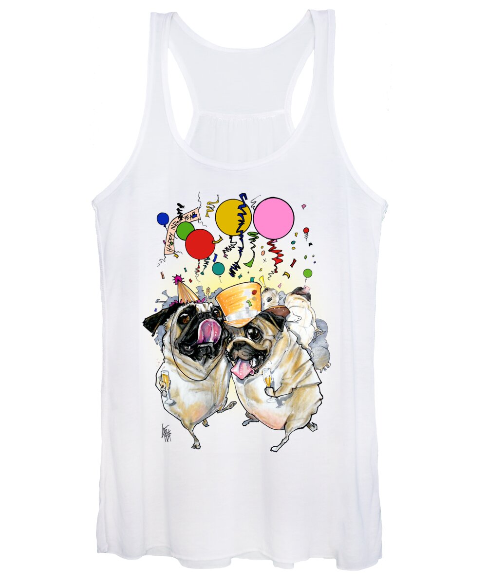 Pug Women's Tank Top featuring the drawing New Years Pugs by Canine Caricatures By John LaFree