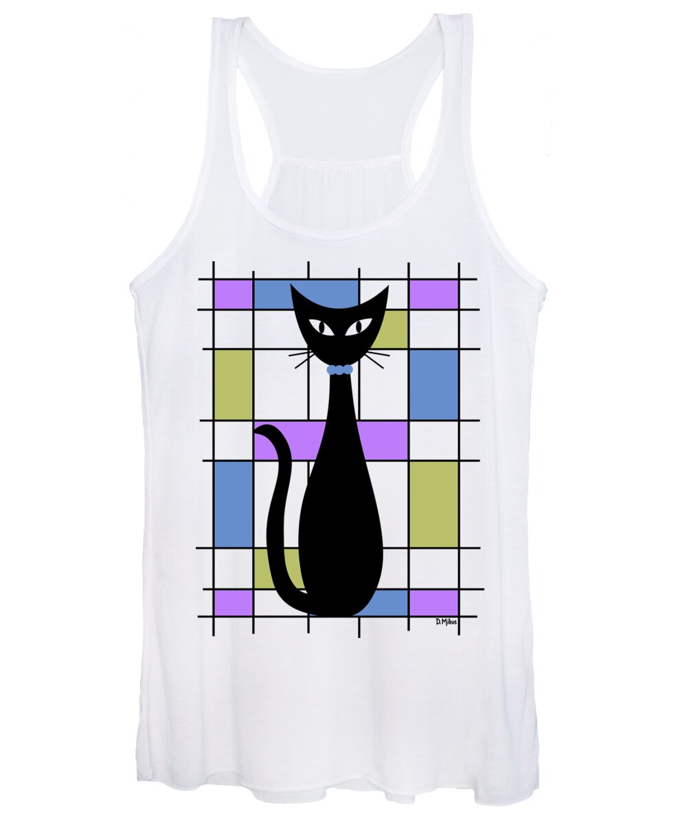 Abstract Black Cat Women's Tank Top featuring the digital art No Background Mondrian Abstract Cat 2 by Donna Mibus