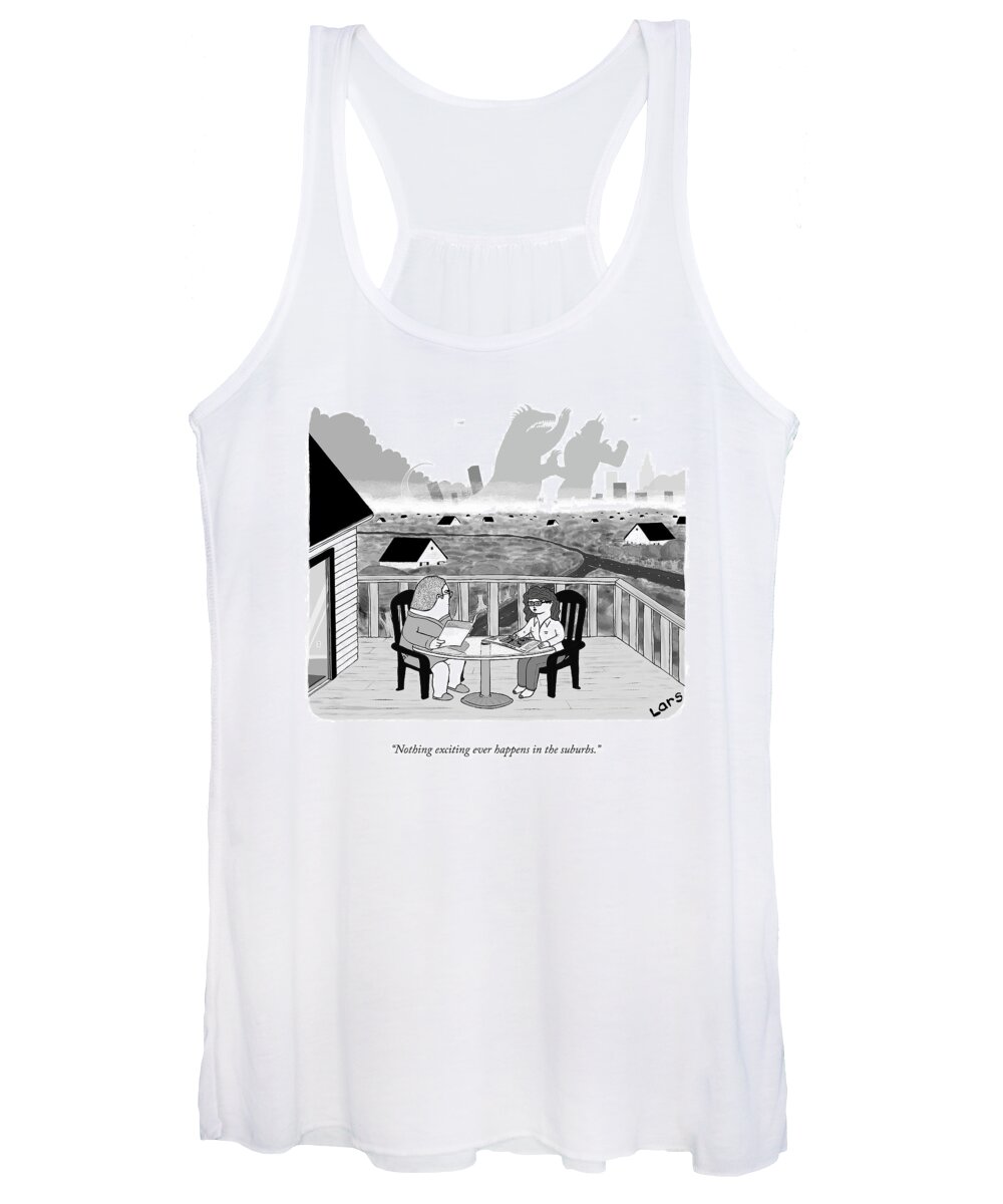 Nothing Exciting Ever Happens In The Suburbs. Women's Tank Top featuring the drawing Nothing Exciting by Lars Kenseth
