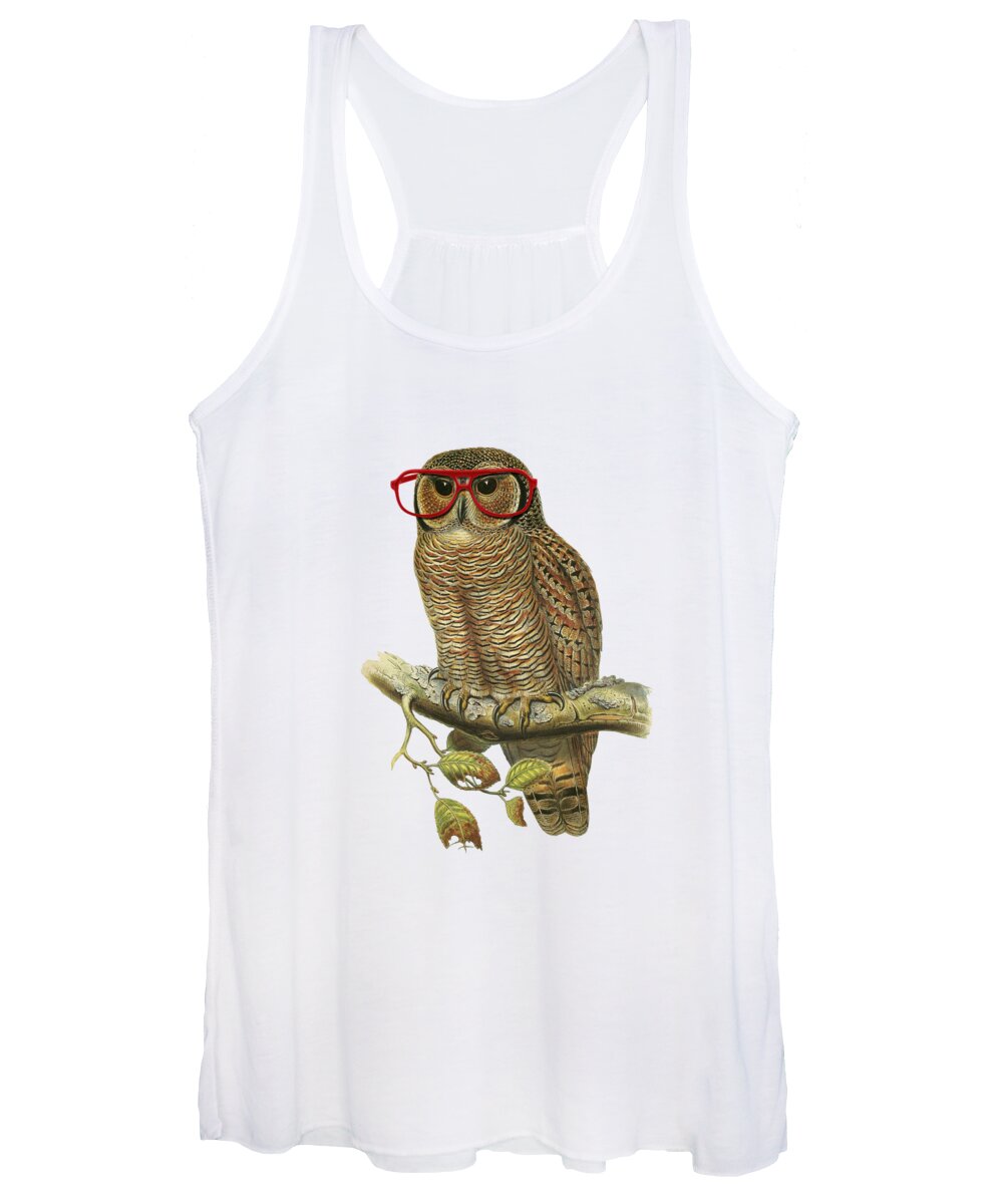 Owl Women's Tank Top featuring the digital art Owl with red glasses by Madame Memento