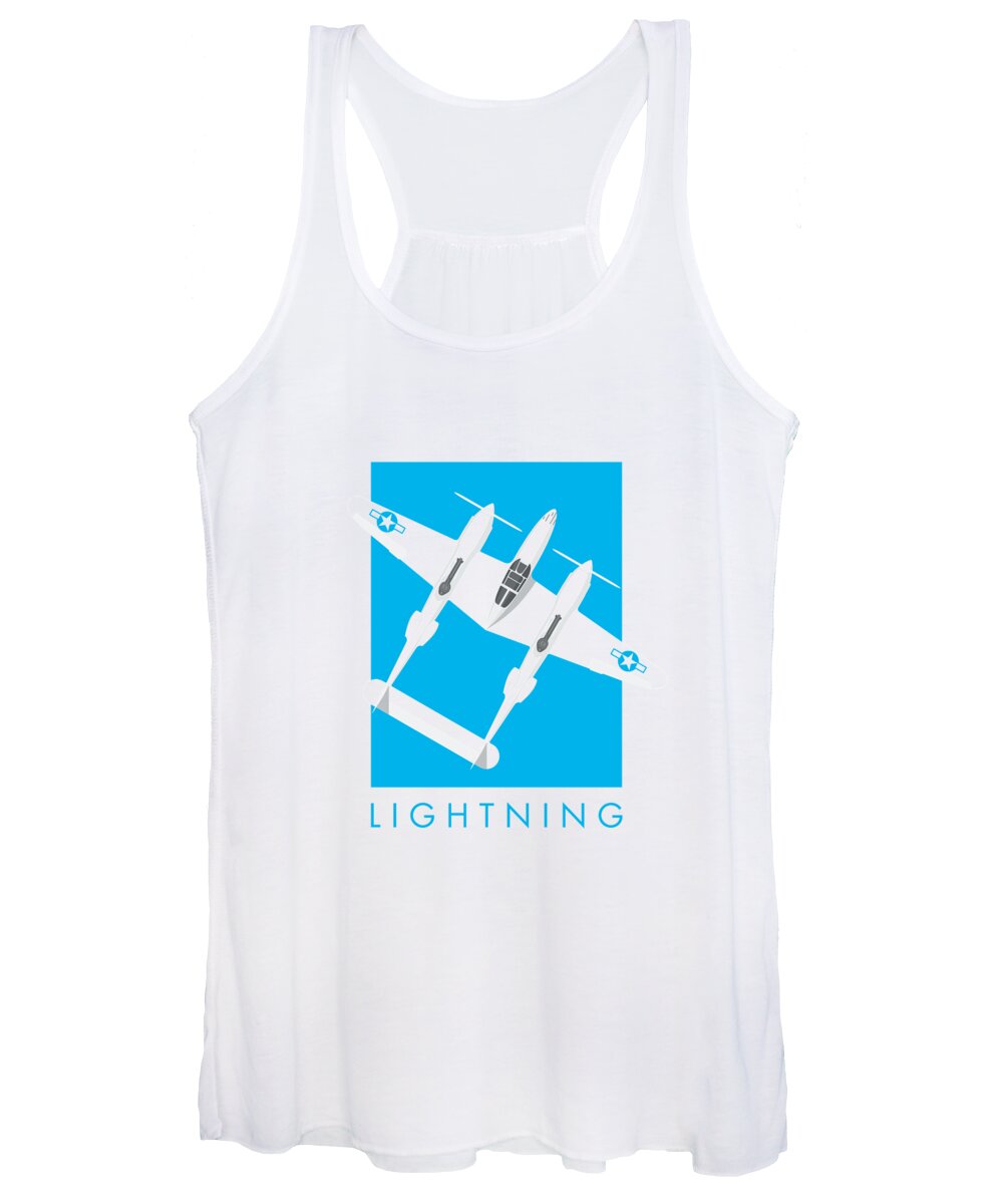 Aircraft Women's Tank Top featuring the digital art P-38 Lightning WWII Fighter Aircraft - Landscape Cyan by Organic Synthesis